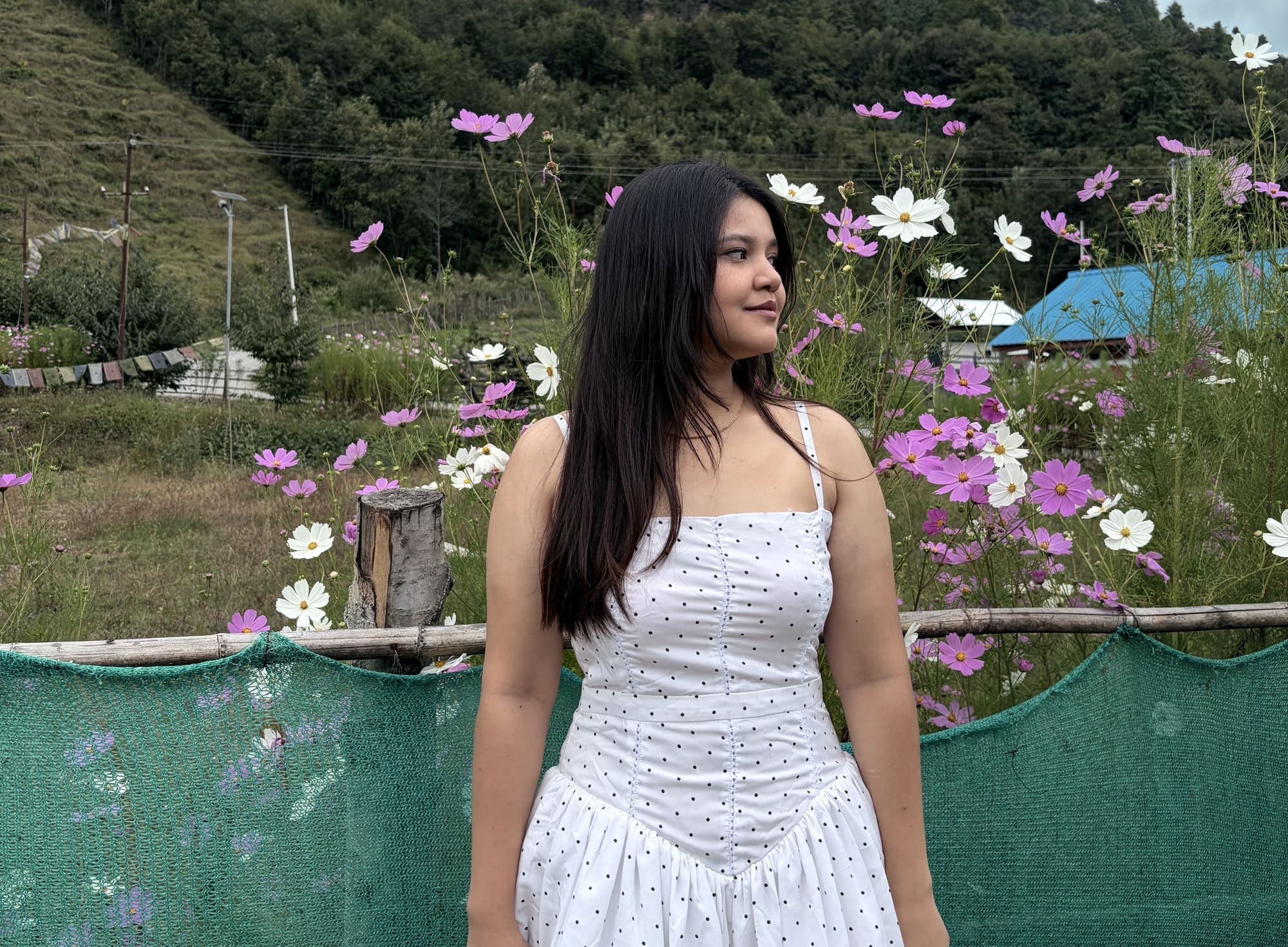 A model in a white polka-dot dress standing among pink and white cosmos flowers on a hillside